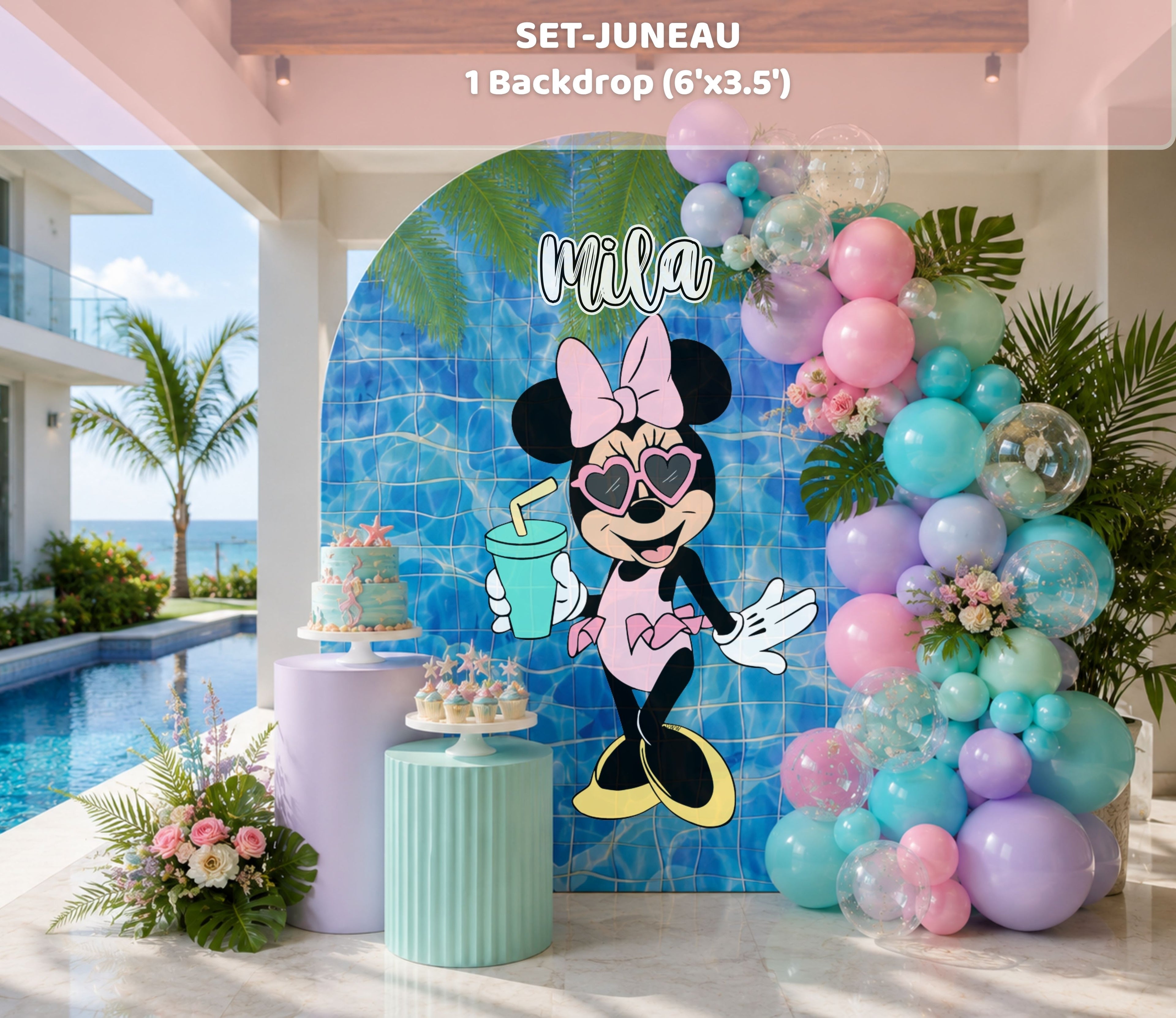 Custom blue pool party backdrop with character cutout, aqua pedestal and colorful balloon garland for a kids birthday celebration.
