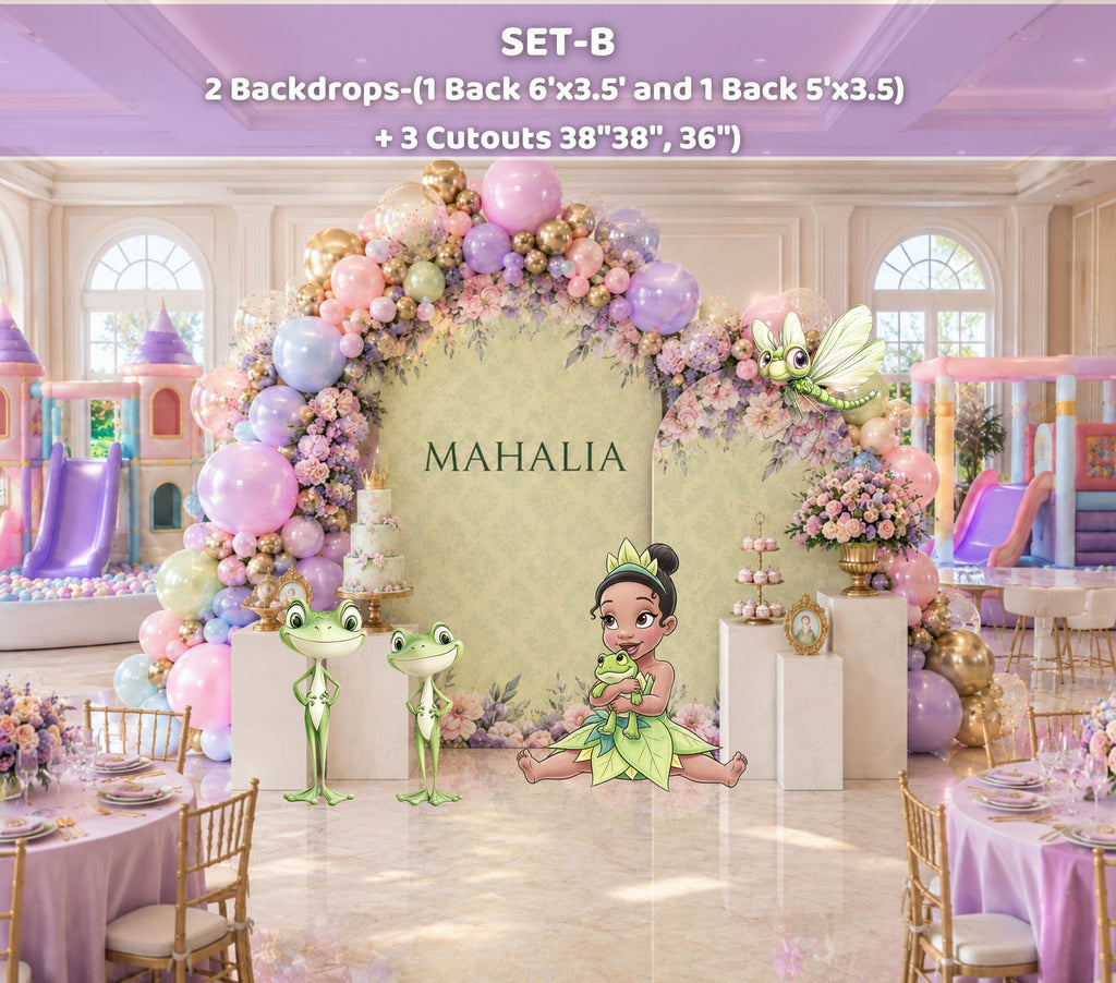 Pastel green frog princess backdrop with floral arch and matching cutouts for a birthday party