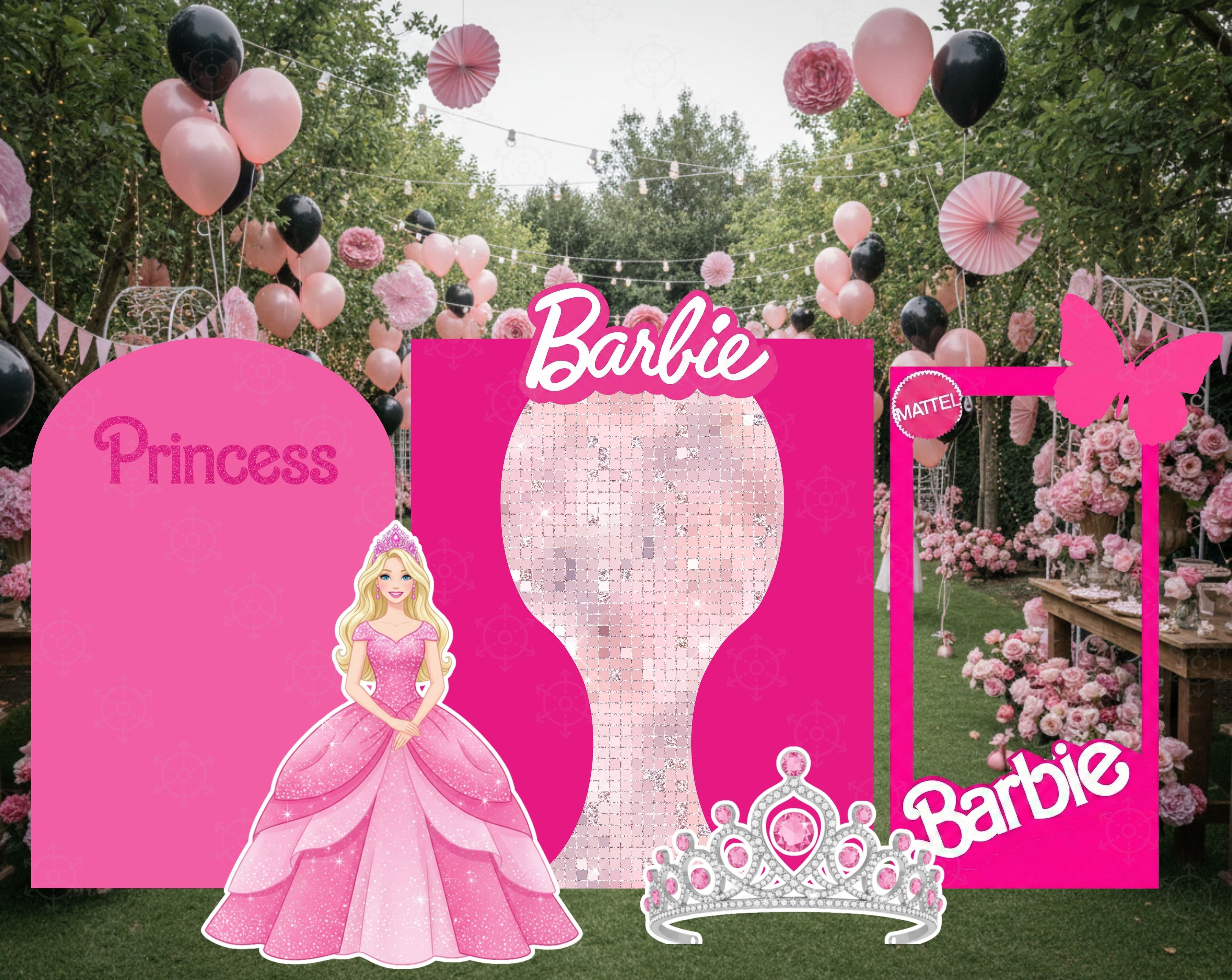 Pink Doll Party Backdrop & Cutouts | Personalized Glam Girls Birthday Decorations
