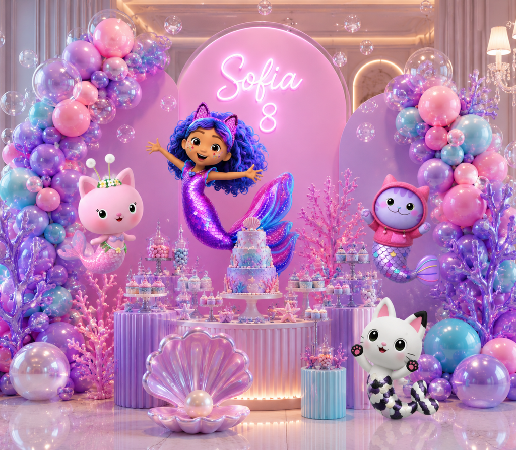 Gabby's Dollhouse Mermaid Pool Party Backdrop & Cutouts | Personalized Summer Birthday Decorations