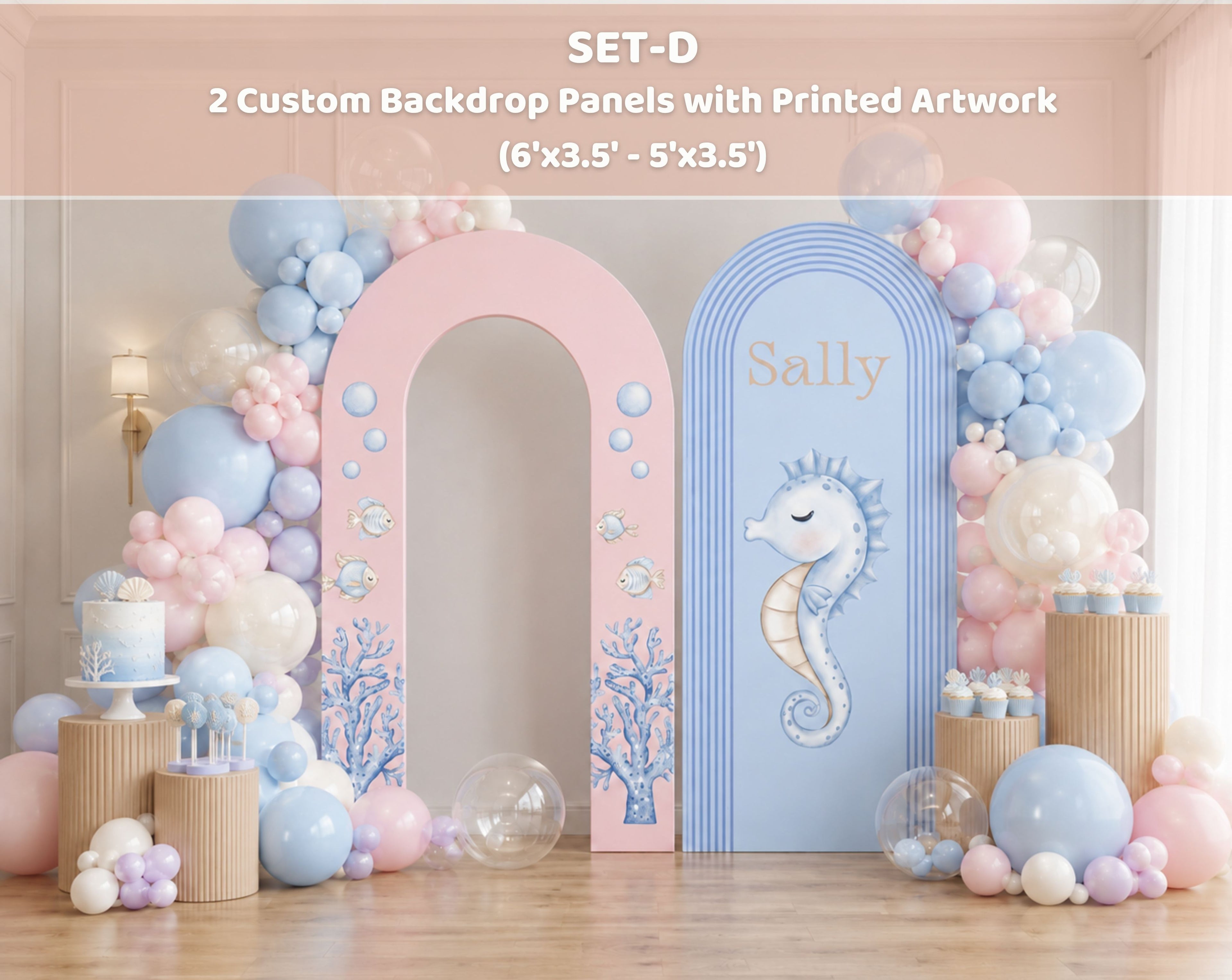 Ocean animals birthday setup with pink and blue layered arches, balloon decor and sea themed cutouts for a pastel kids party.