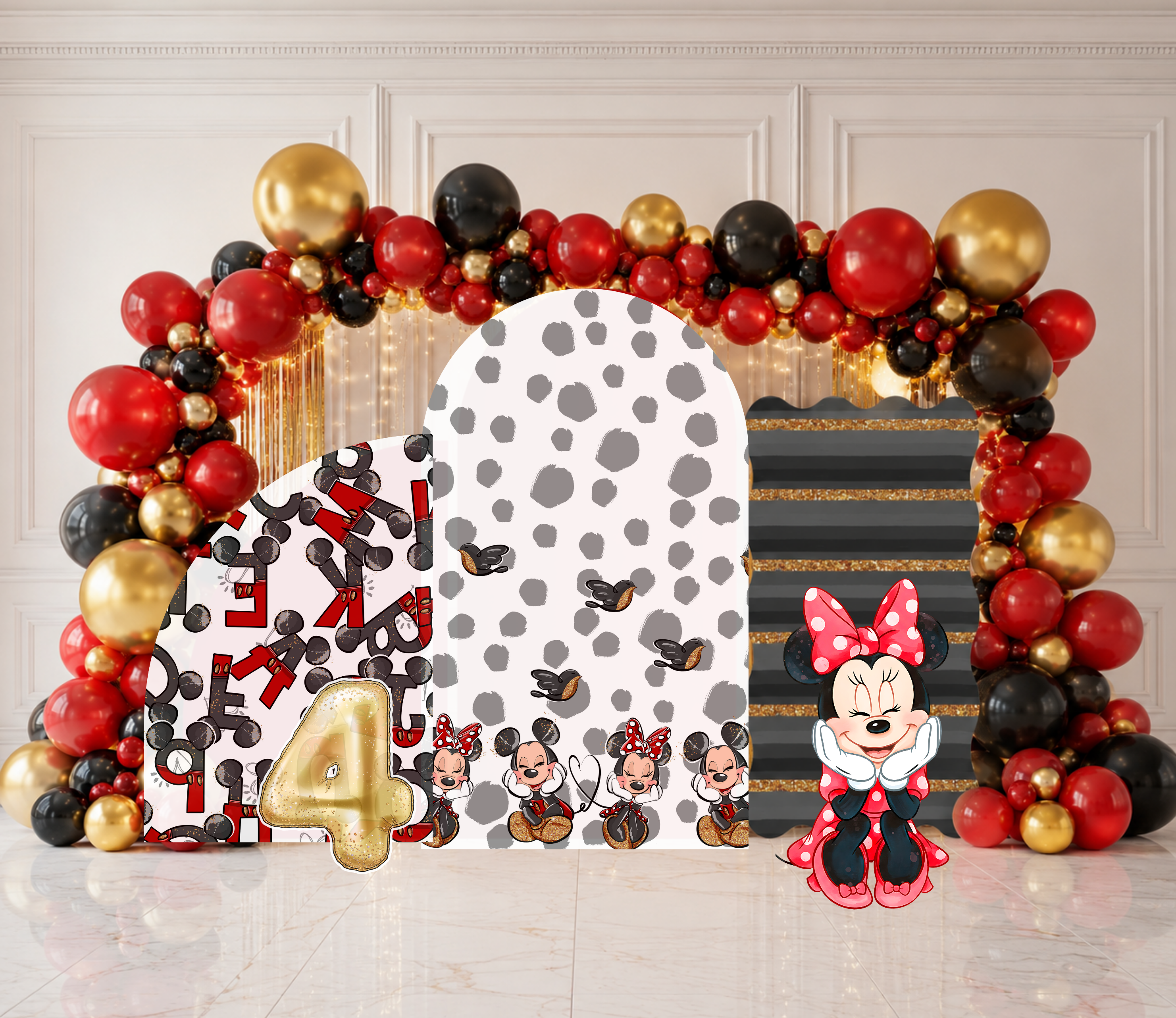 Classic Mouse Birthday Backdrop & Cutouts | Personalized Red Black Gold Party Decorations