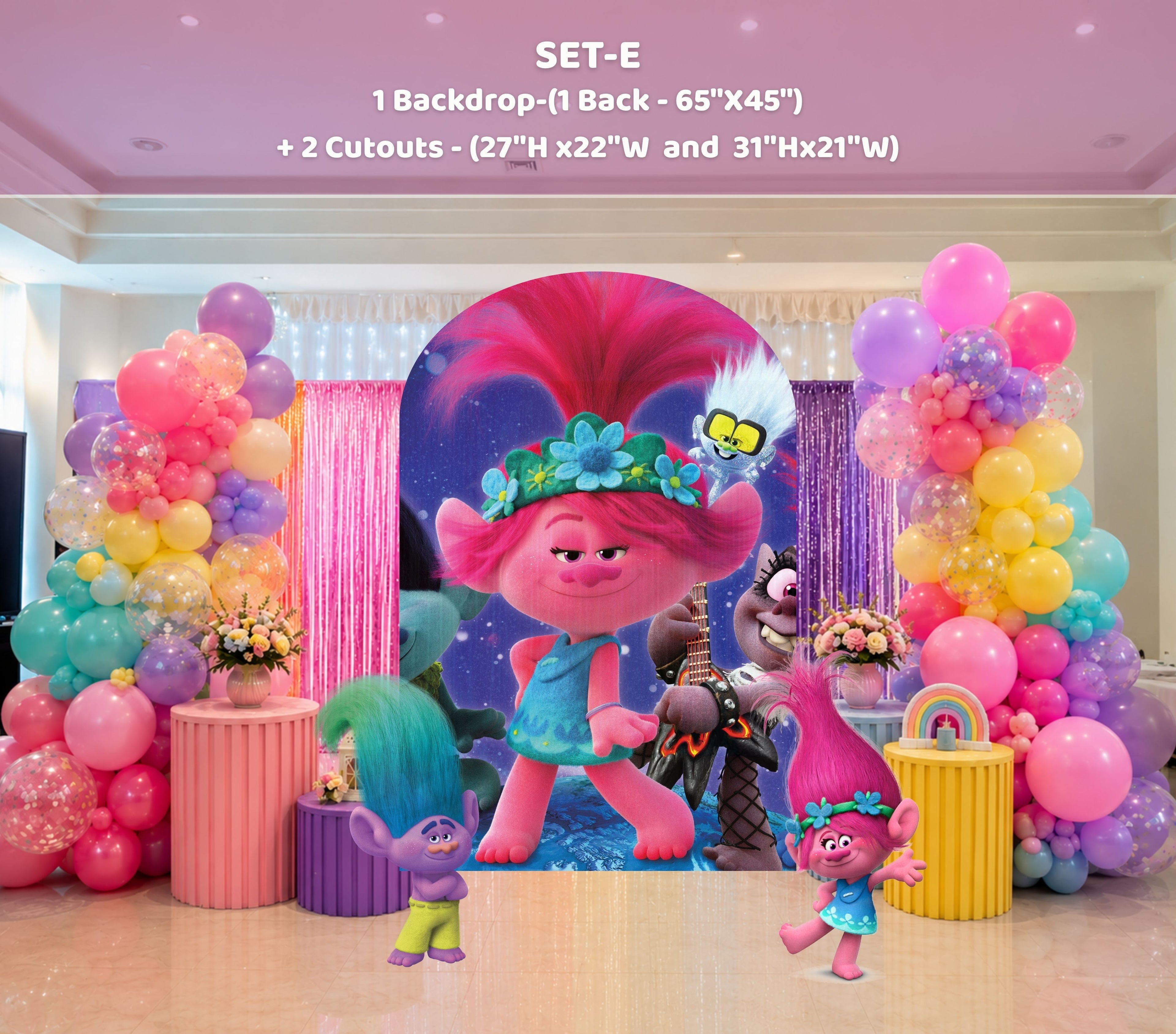 Custom Rainbow Hair Cartoon Birthday Backdrop & Cutouts | Colorful Kids Party Decorations
