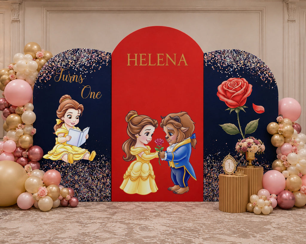 Custom princess birthday backdrop with red and navy panels, personalized name design, and coordinating fairytale character cutouts.