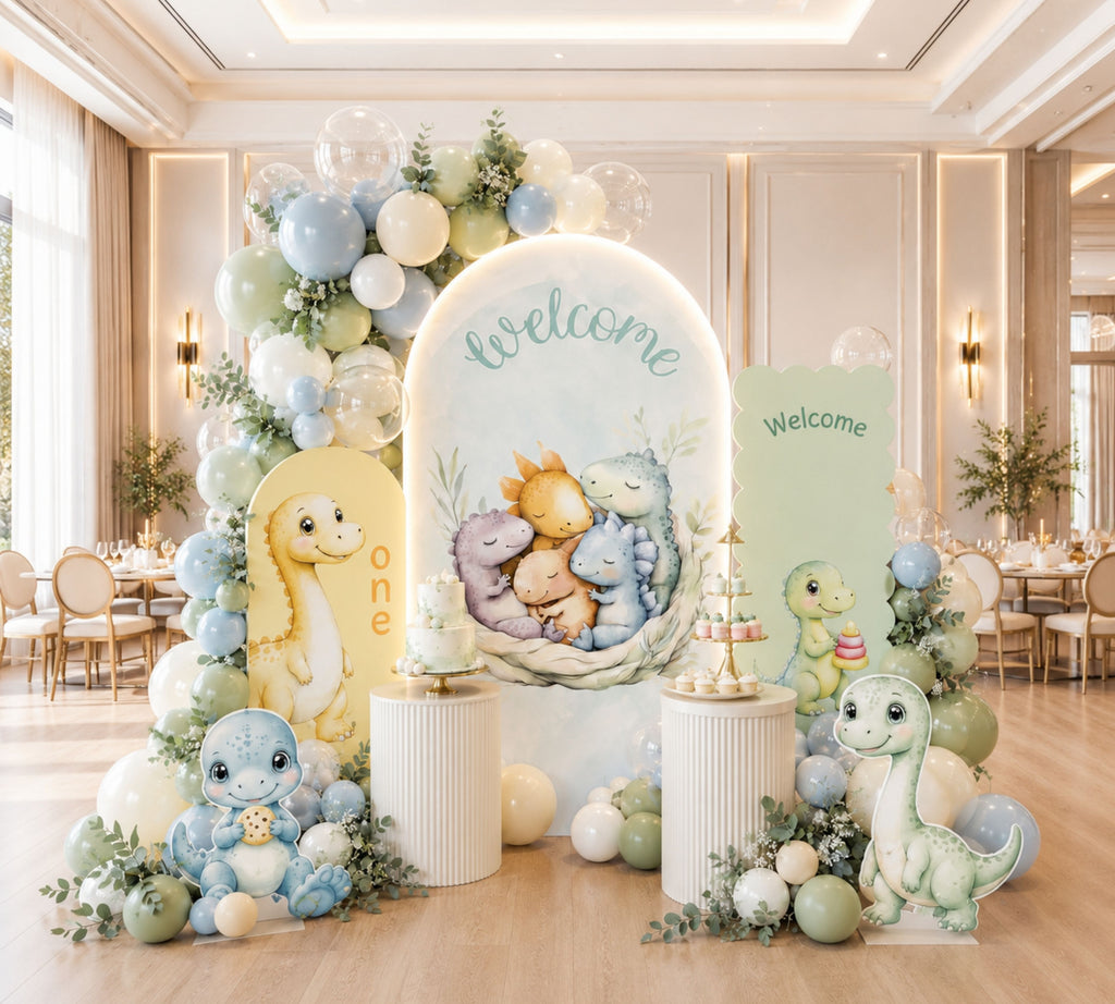 Cute Baby Dinosaur Party Decorations | Personalized Backdrop, Arch Panels & Cutouts