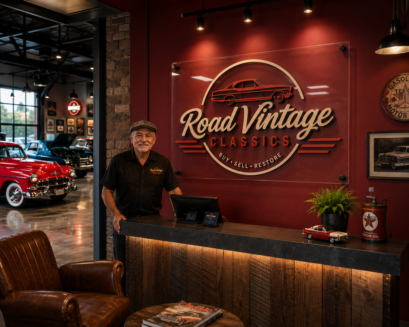 Custom layered acrylic business logo sign displayed behind a vintage automotive shop reception counter.