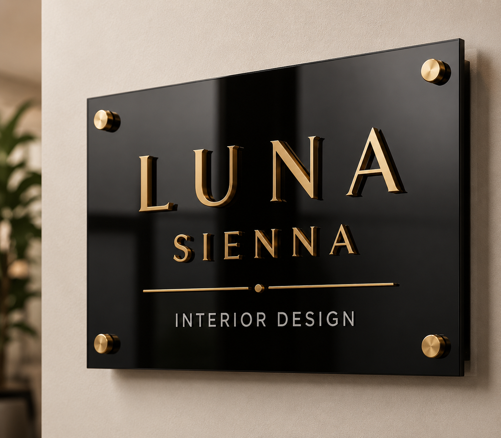 Black acrylic business logo sign with gold lettering and wall standoff mounting hardware.