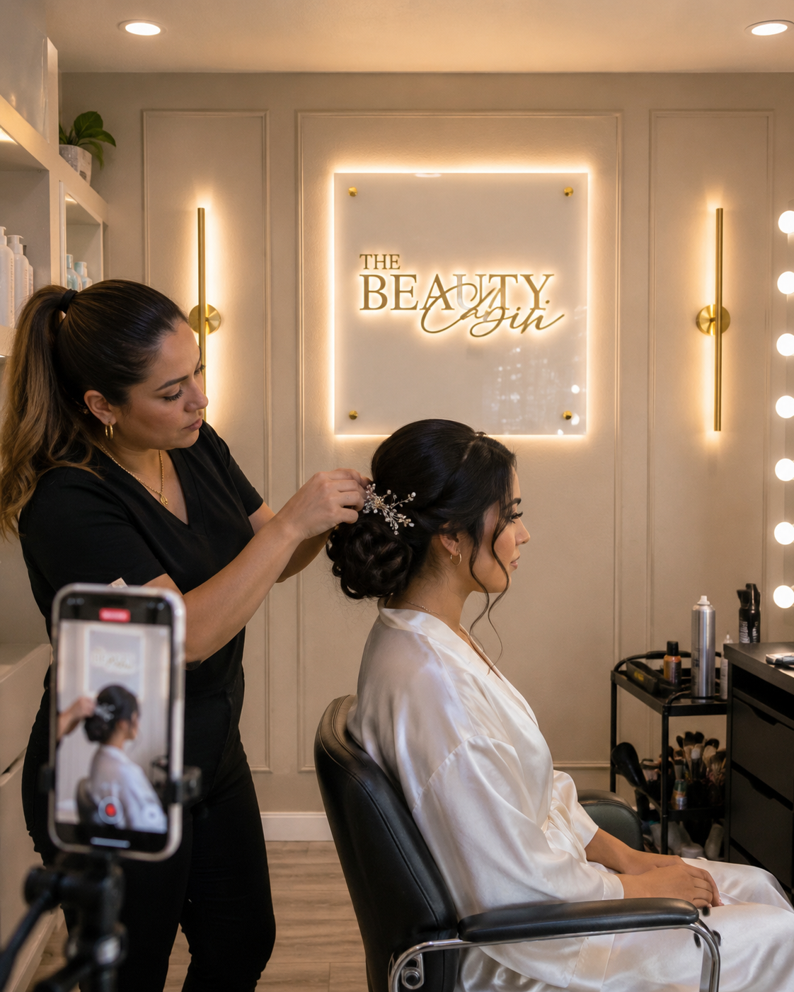 Custom business wall signage displayed inside a modern beauty salon reception area.