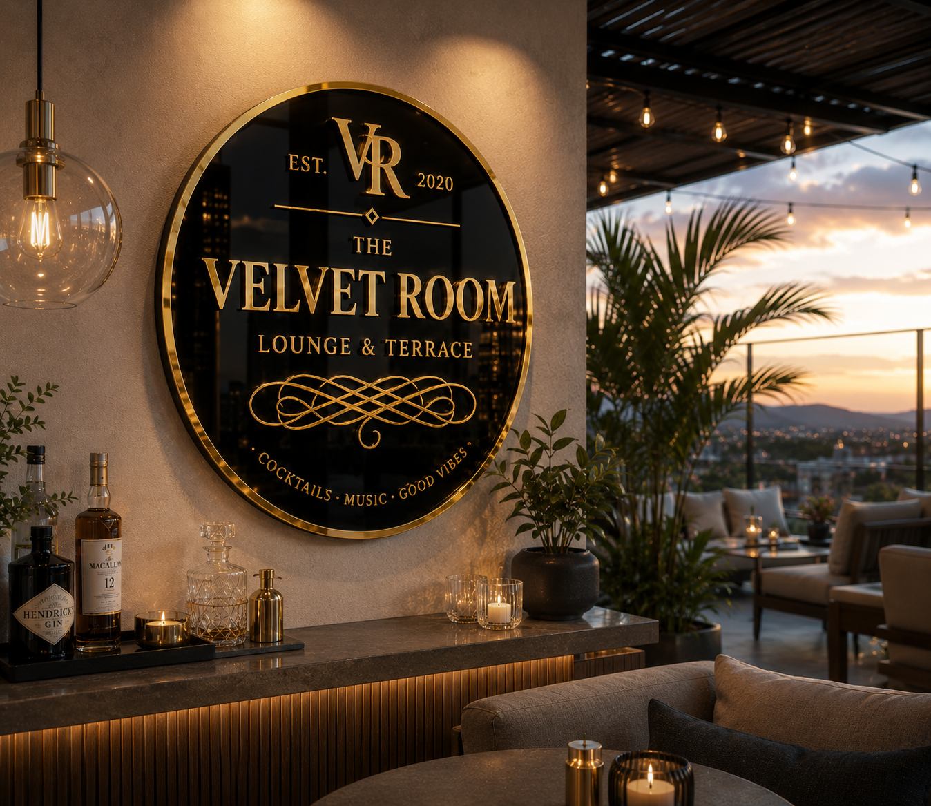 Black and gold round layered acrylic logo sign displayed on a modern business wall.