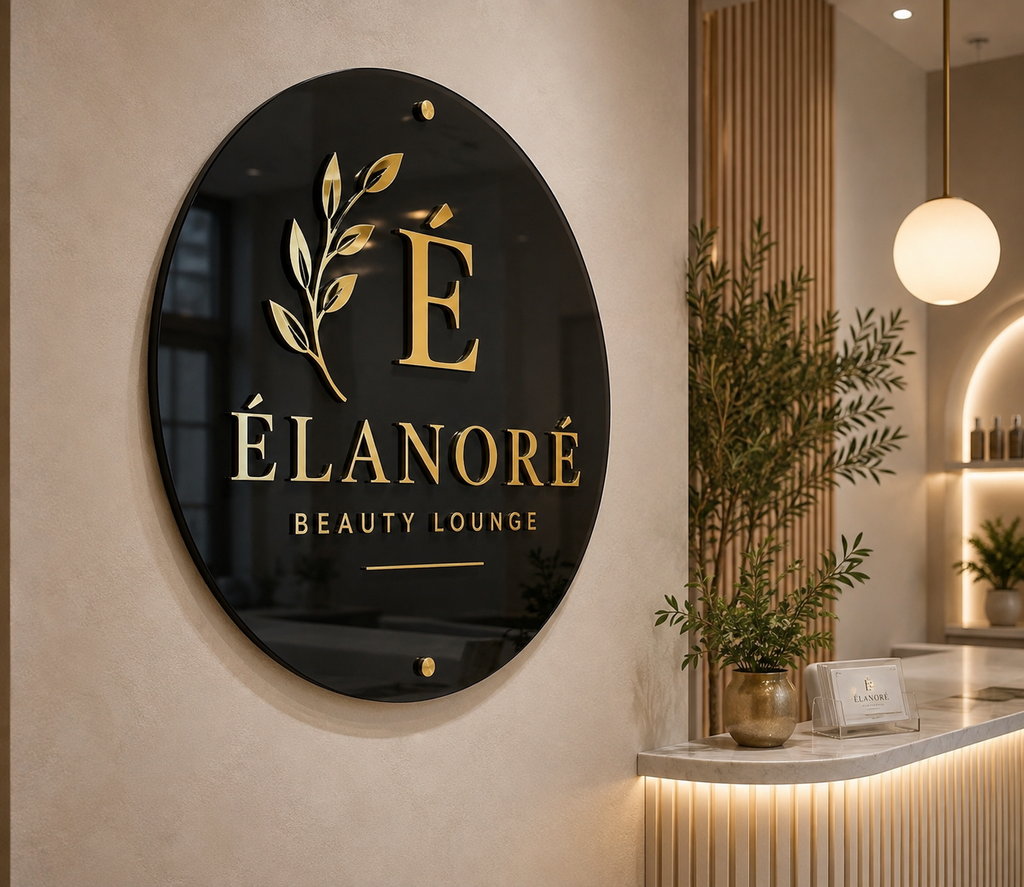 Custom layered acrylic business logo wall sign installed behind a beauty lounge reception desk, featuring a round clear acrylic base with raised mirror gold lettering for a premium 3D dimensional look.