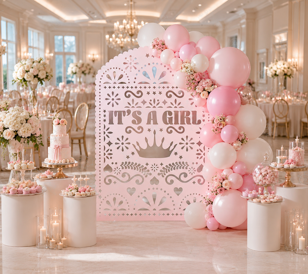 Personalized It's a Girl Papel Picado Backdrop | Gender Reveal & Baby Shower Decorations | Laser Cut Photo Booth Panel