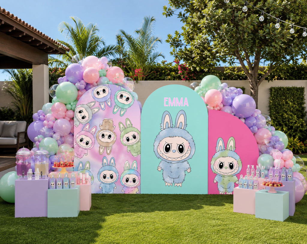 Cute Monster Birthday Backdrop & Cutouts | Personalized Kawaii Pastel Party Decorations