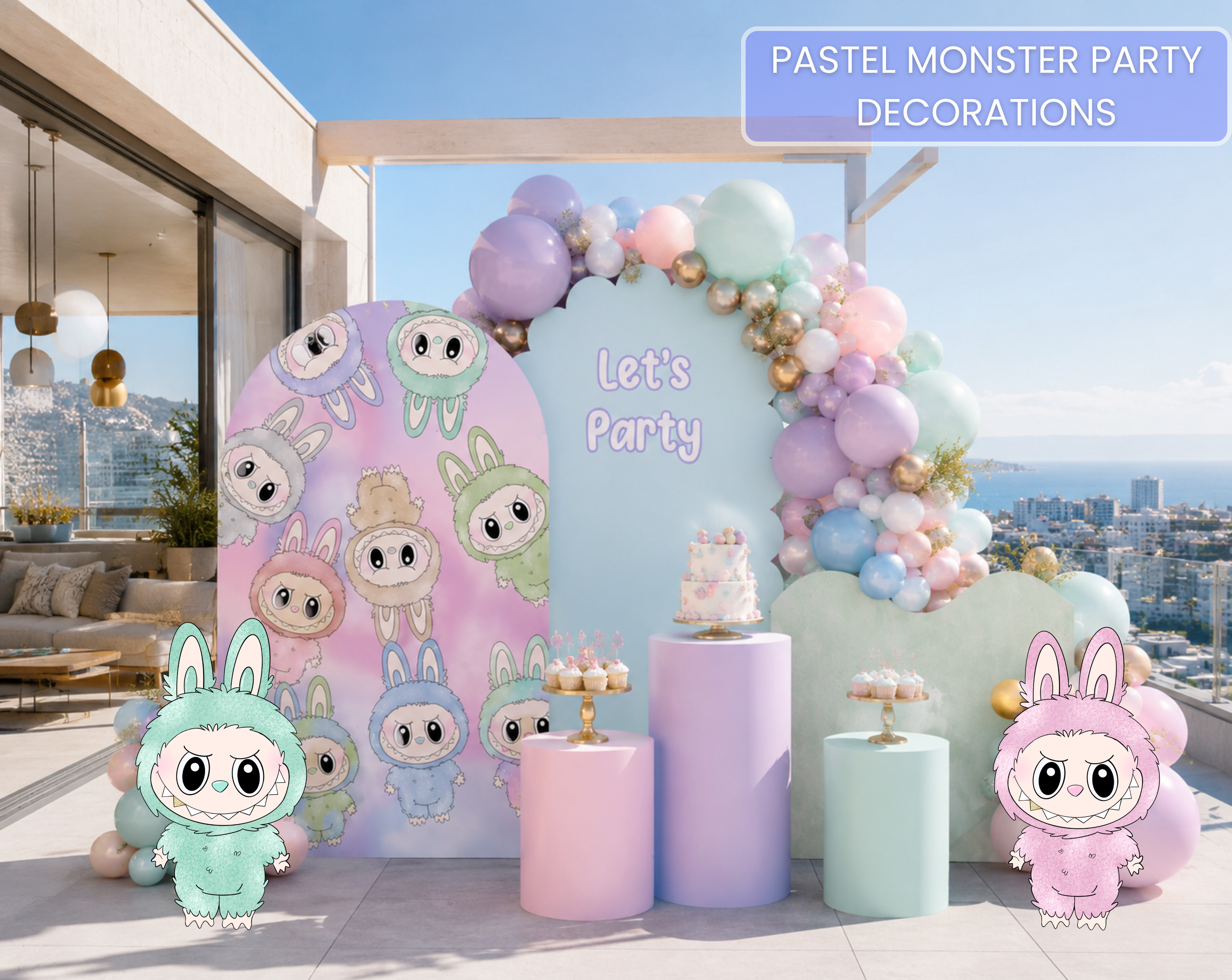 Cute Monster Birthday Backdrop & Cutouts | Personalized Kawaii Pastel Party Decorations