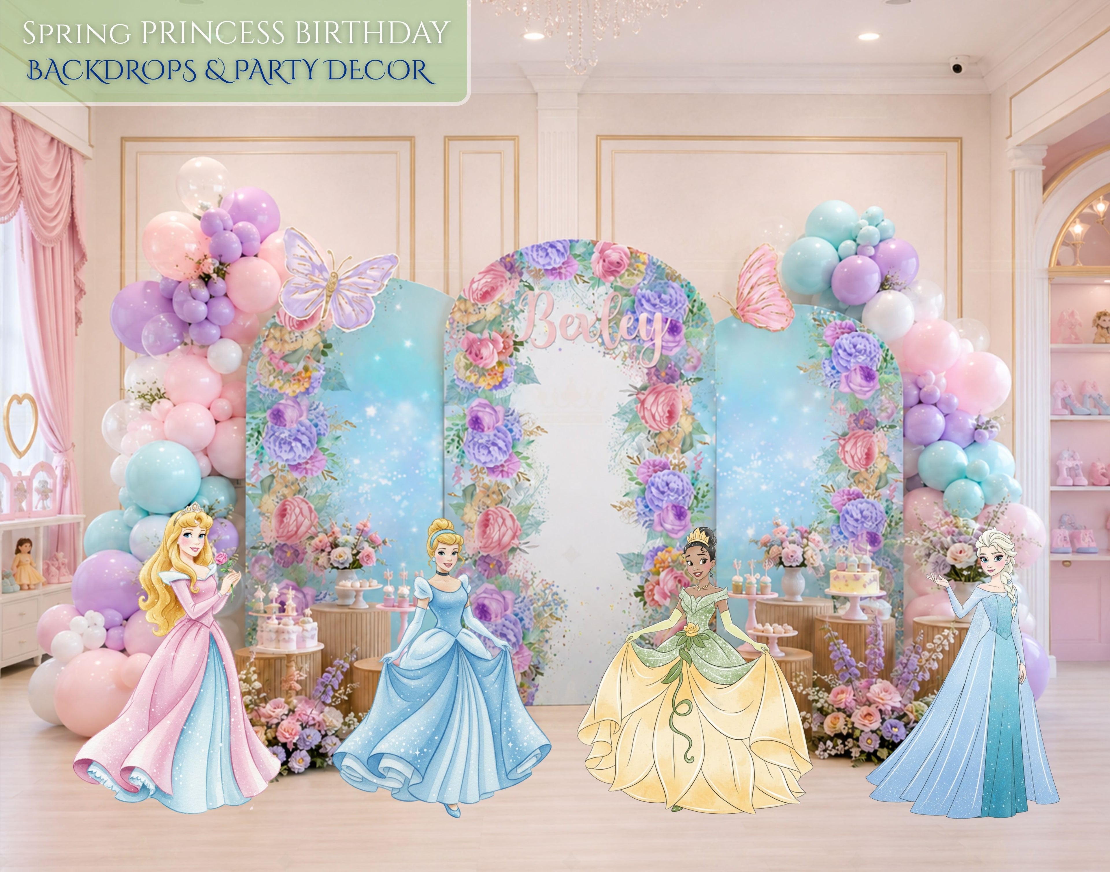 Custom Princess-Inspired Birthday Backdrop & Cutouts | Floral Fairy Party Decorations