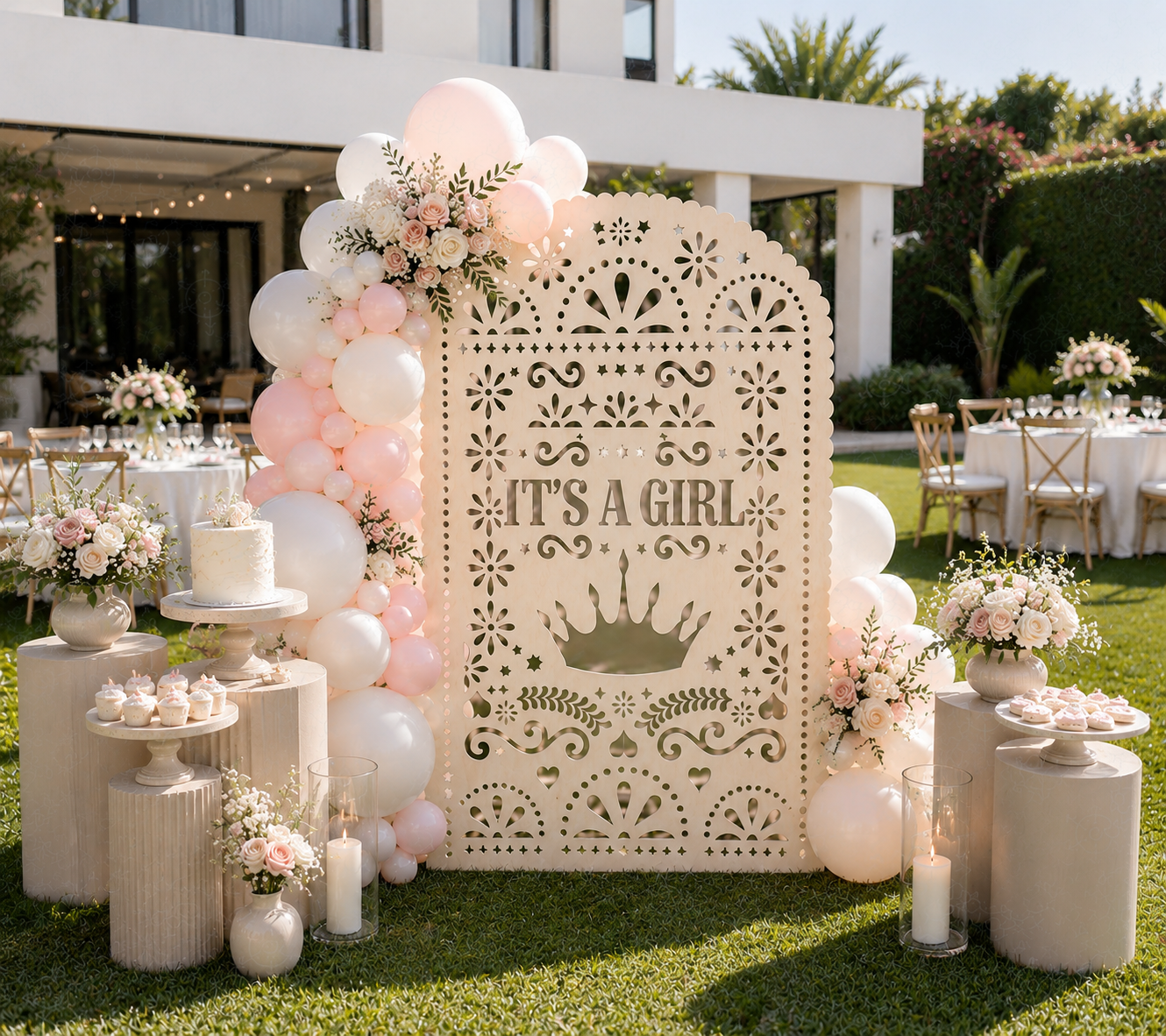 Personalized It's a Girl Papel Picado Backdrop | Gender Reveal & Baby Shower Decorations | Laser Cut Photo Booth Panel