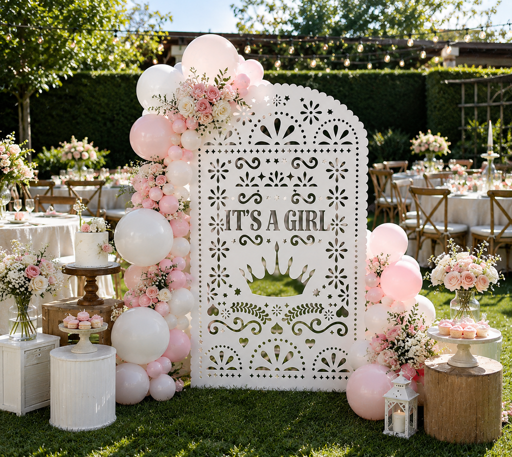 Personalized It's a Girl Papel Picado Backdrop | Gender Reveal & Baby Shower Decorations | Laser Cut Photo Booth Panel