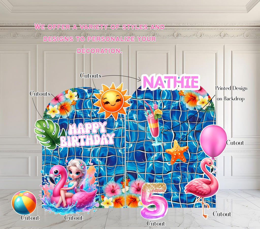 Princess Pool Party Backdrop & Cutouts | Personalized Tropical Summer Birthday Decorations