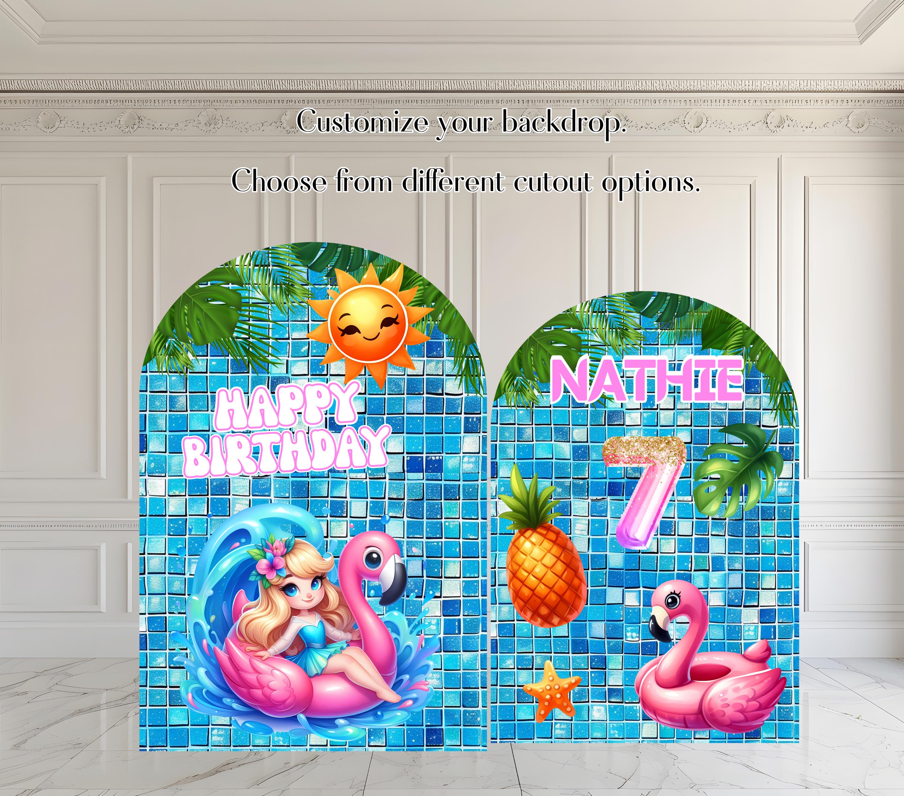 Princess Pool Party Backdrop & Cutouts | Personalized Tropical Summer Birthday Decorations