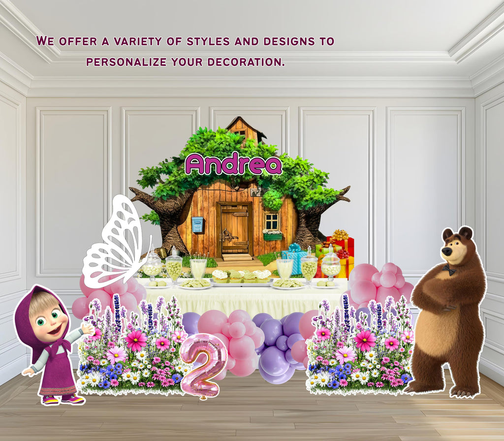 Custom Little Girl & Bear Birthday Backdrop & Cutouts | Personalized Woodland Party Decorations