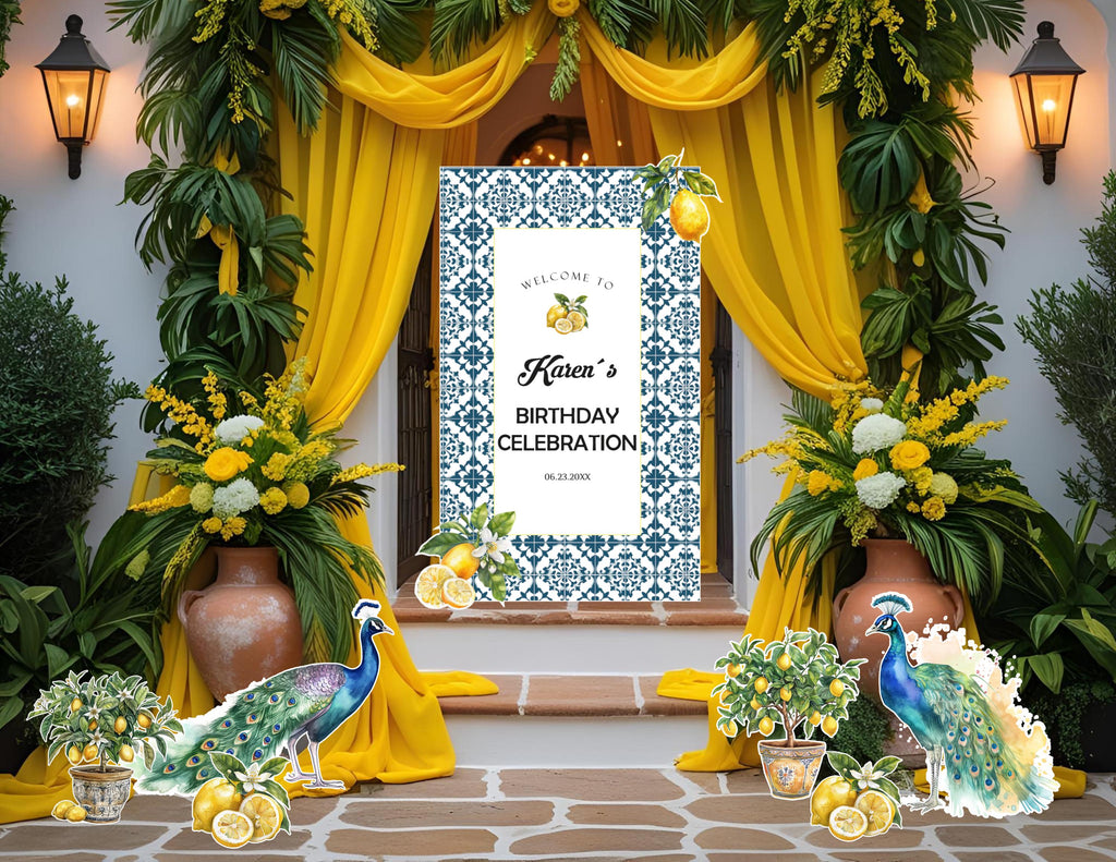 Personalized Italian Lemon Party Decorations | Mediterranean Birthday Backdrop & Cutouts | Blue Tile Amalfi Coast Event Decor (Copy)