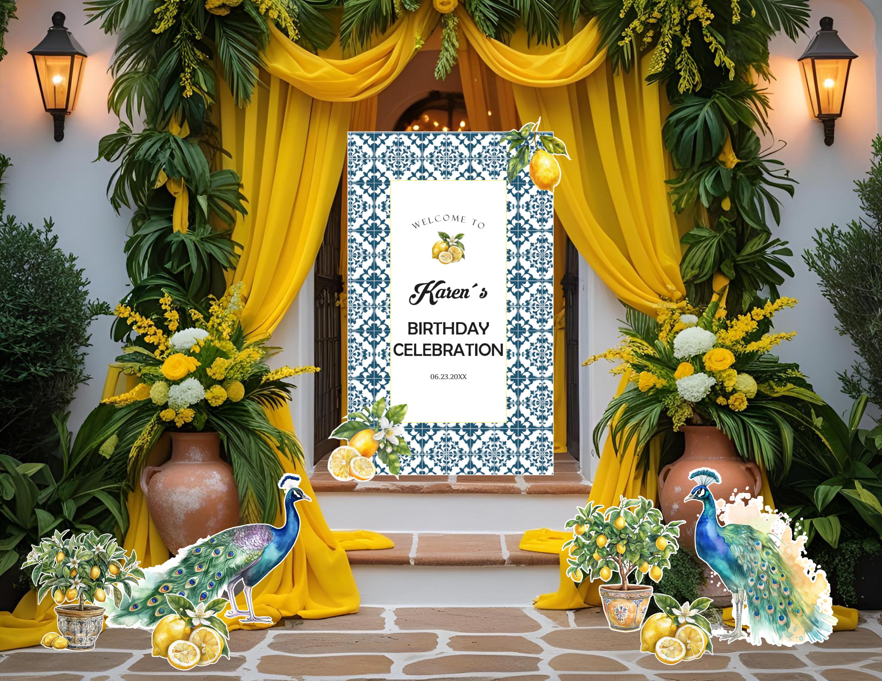 Personalized Italian Lemon Party Decorations | Mediterranean Birthday Backdrop & Cutouts | Blue Tile Amalfi Coast Event Decor (Copy)