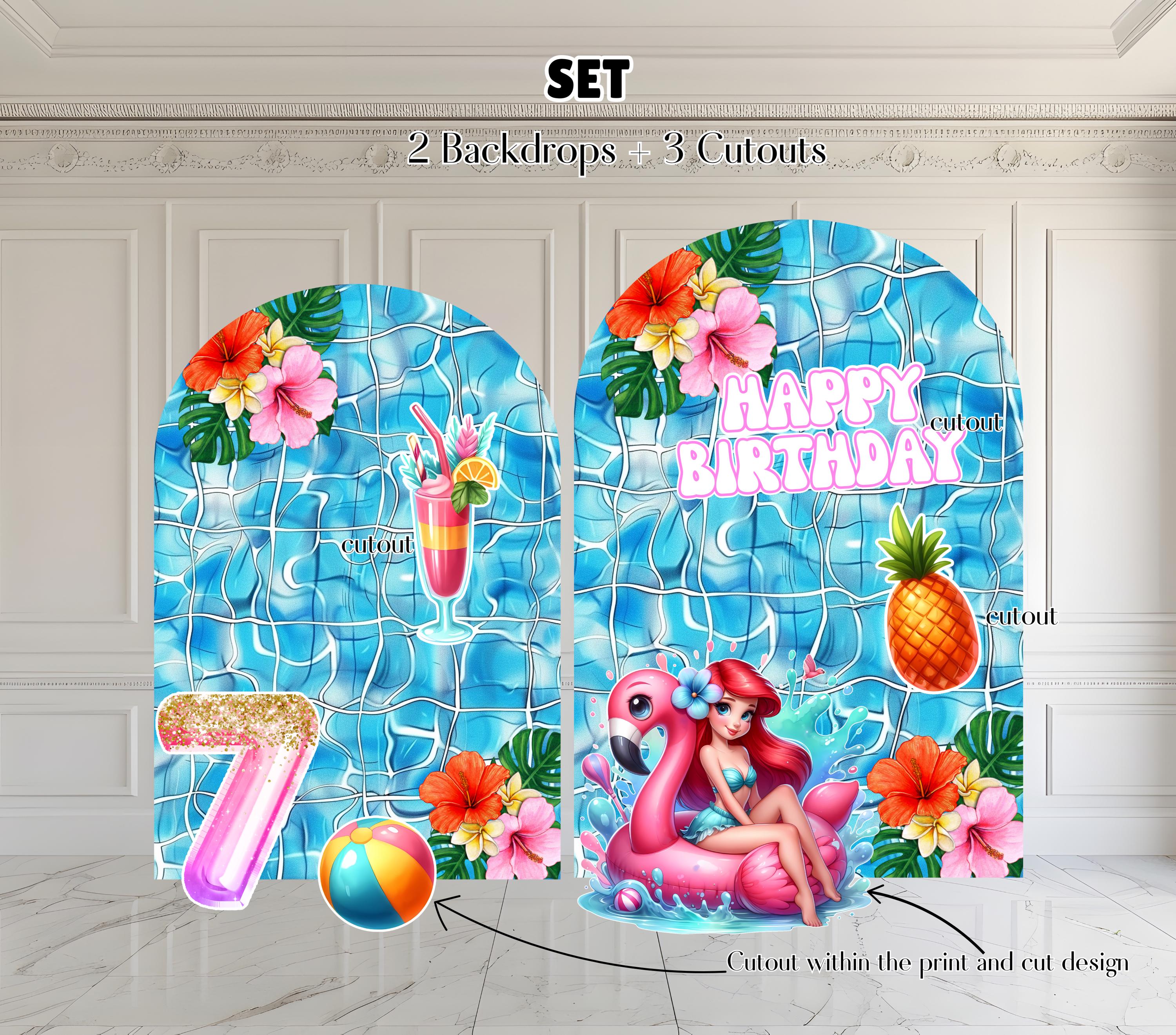 Princess Pool Party Backdrop & Cutouts | Personalized Tropical Summer Birthday Decorations