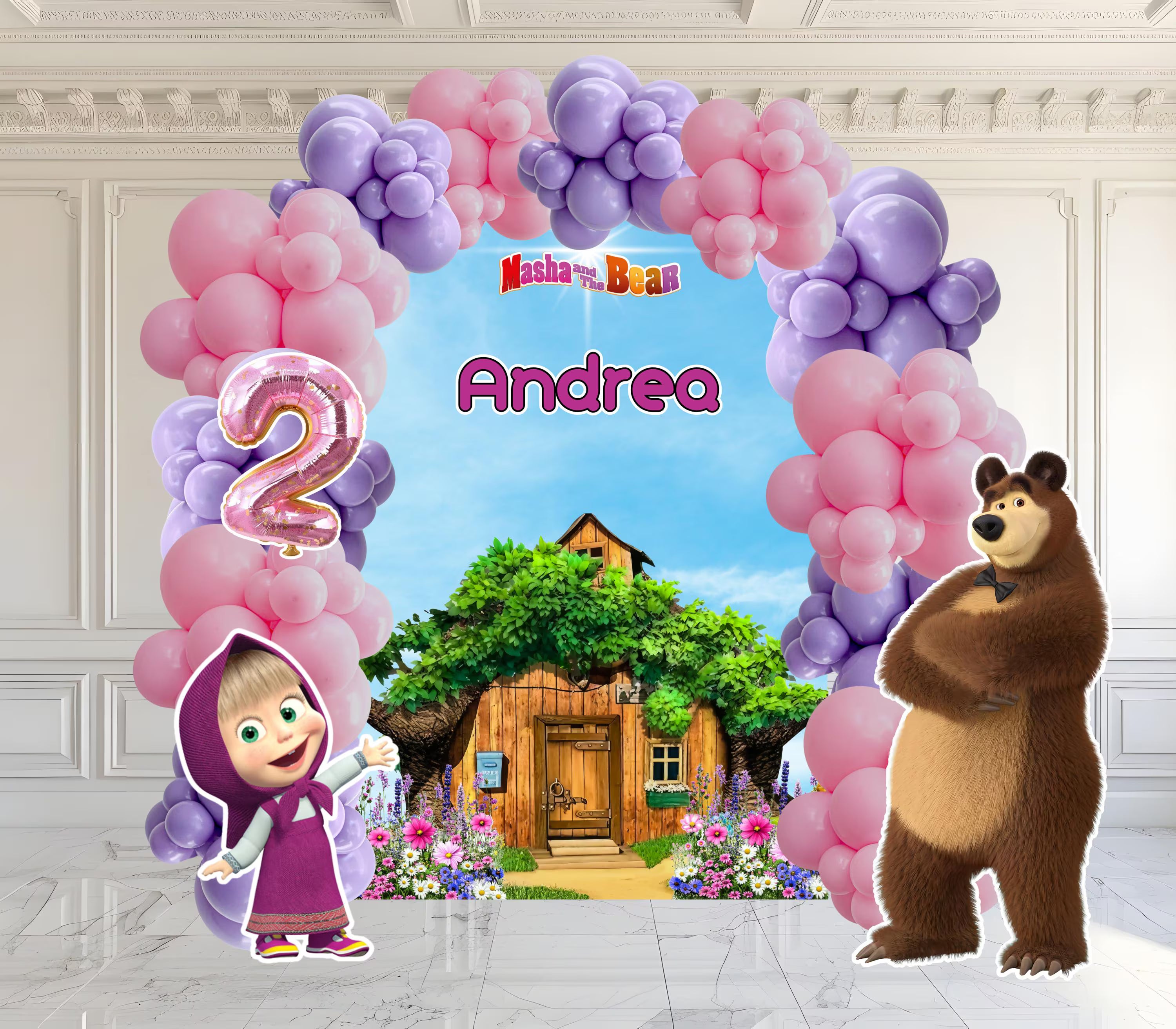 Custom Little Girl & Bear Birthday Backdrop & Cutouts | Personalized Woodland Party Decorations