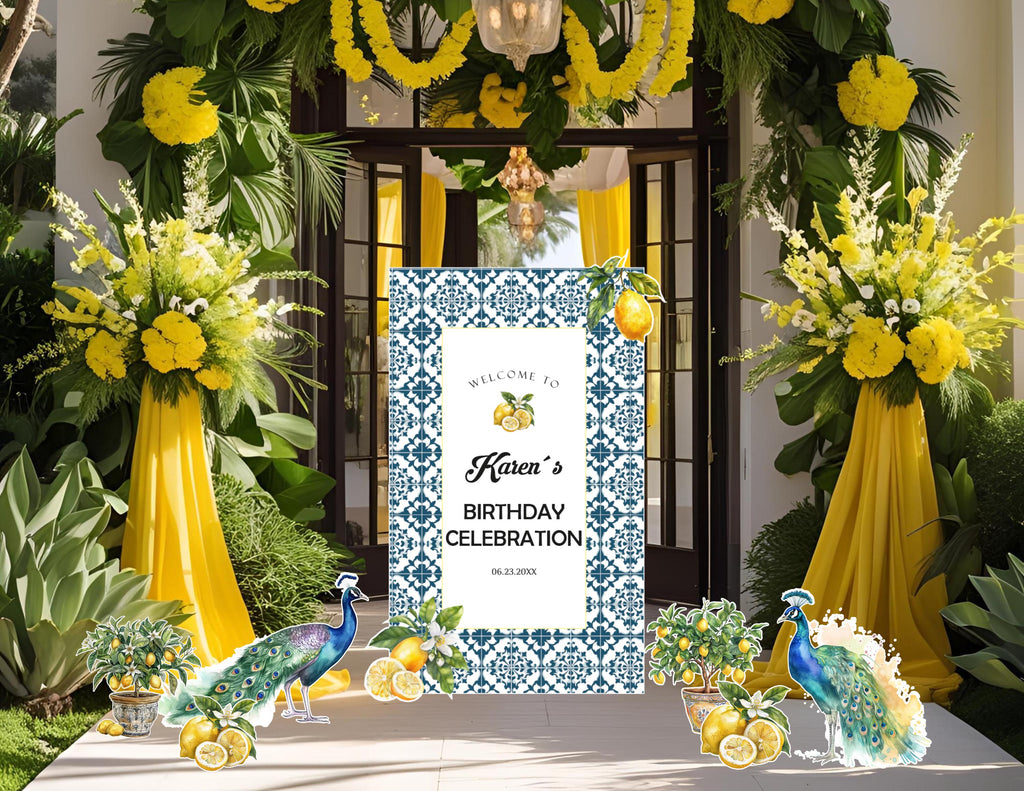 Personalized Italian Lemon Party Decorations | Mediterranean Birthday Backdrop & Cutouts | Blue Tile Amalfi Coast Event Decor (Copy)