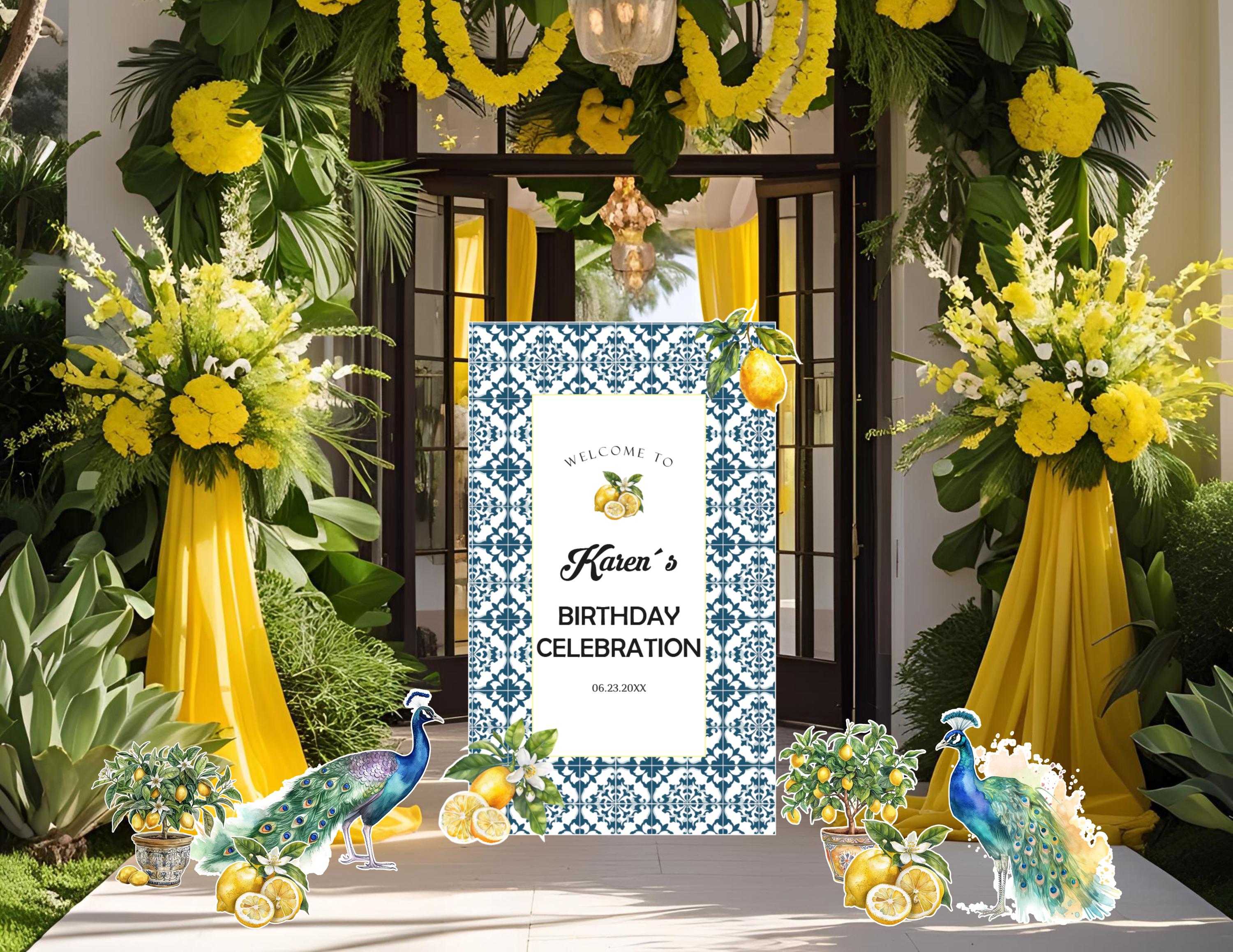 Personalized Italian Lemon Party Decorations | Mediterranean Birthday Backdrop & Cutouts | Blue Tile Amalfi Coast Event Decor (Copy)