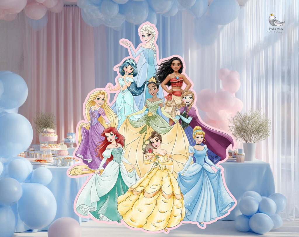 Princess group party cutout displayed in an elegant birthday setup with colorful character standees.
