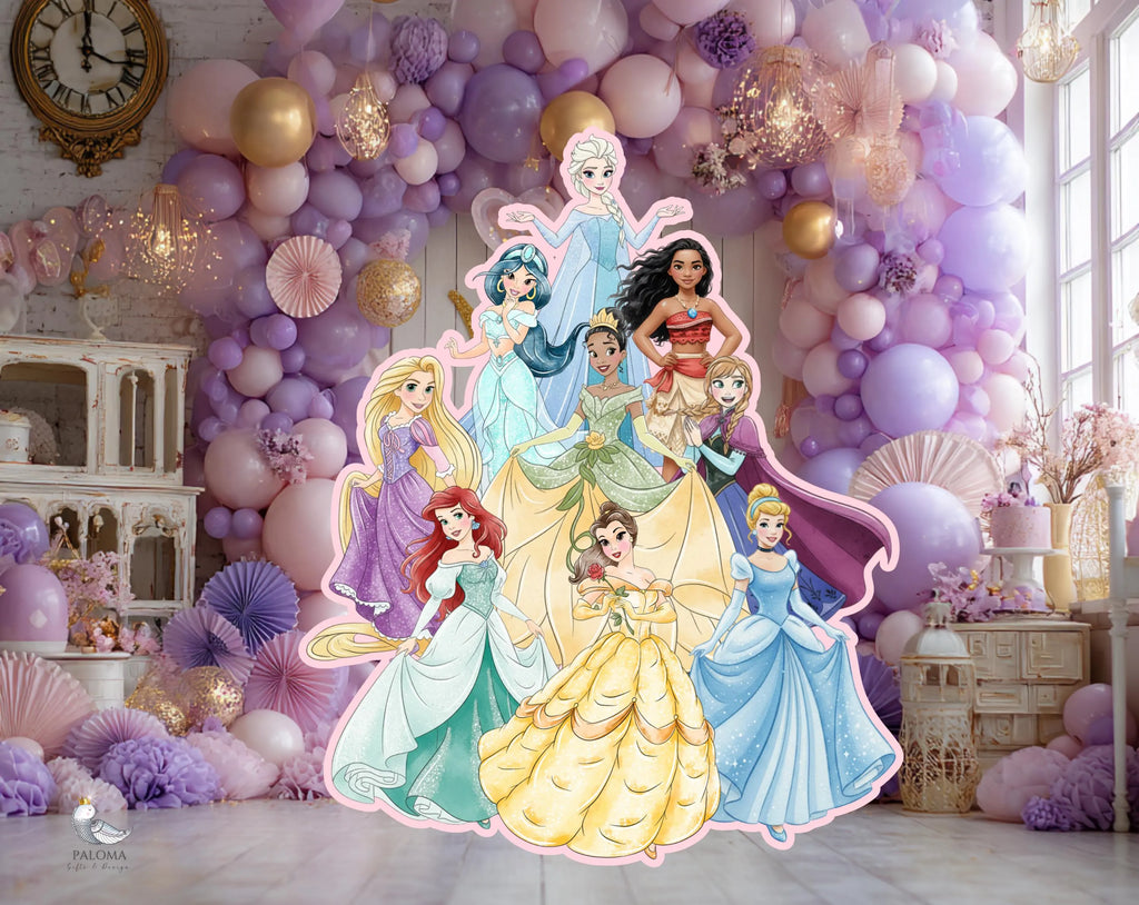 Princess group cutout standee styled for a girls birthday party with elegant fairy tale celebration decor.