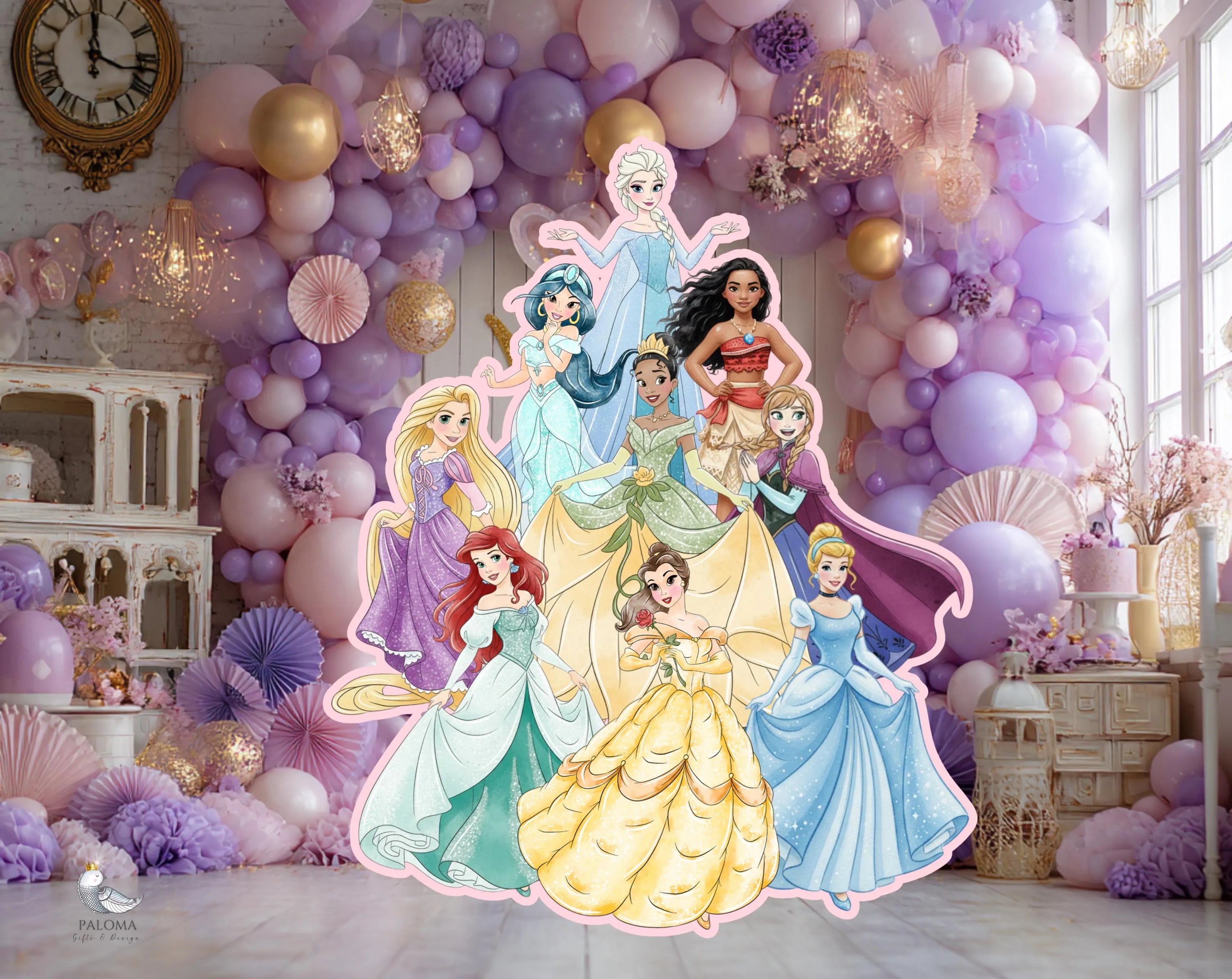 Princess group cutout standee styled for a girls birthday party with elegant fairy tale celebration decor.