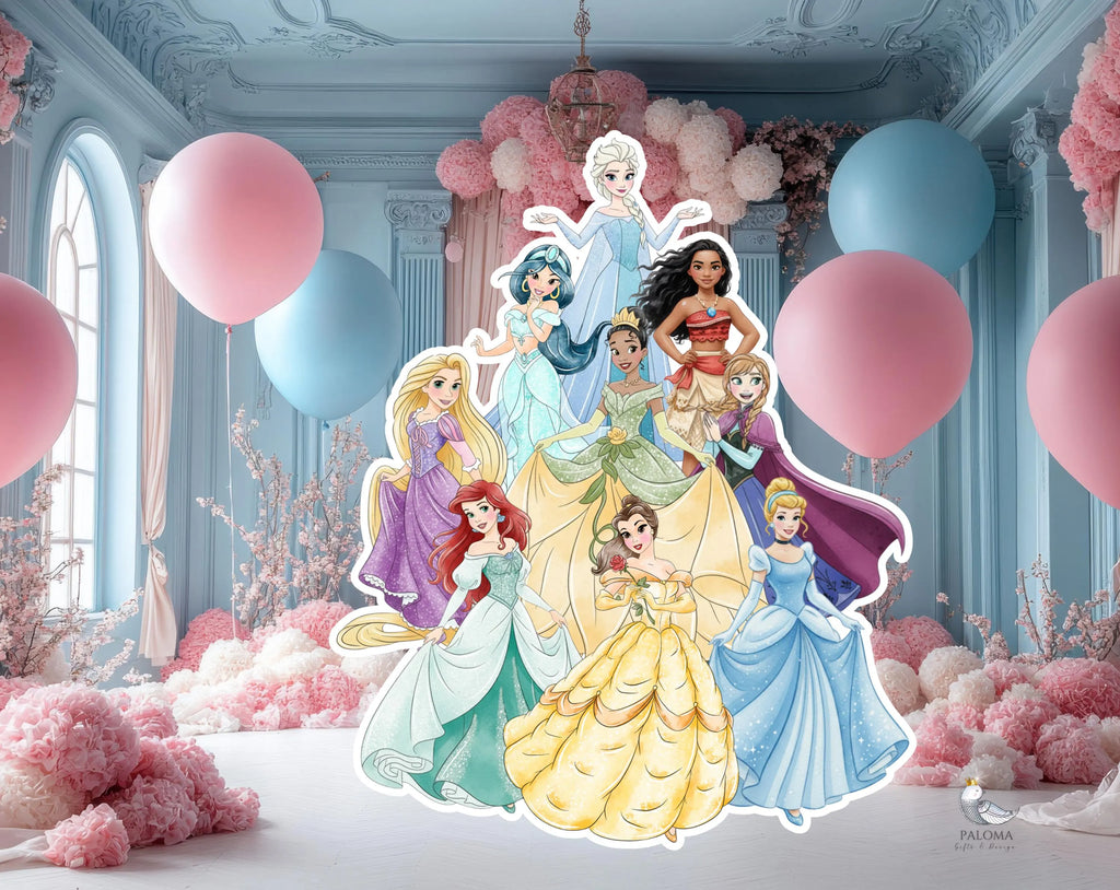 Colorful princess group cutout for girls birthday party, photo booth display and fairy tale themed celebration.
