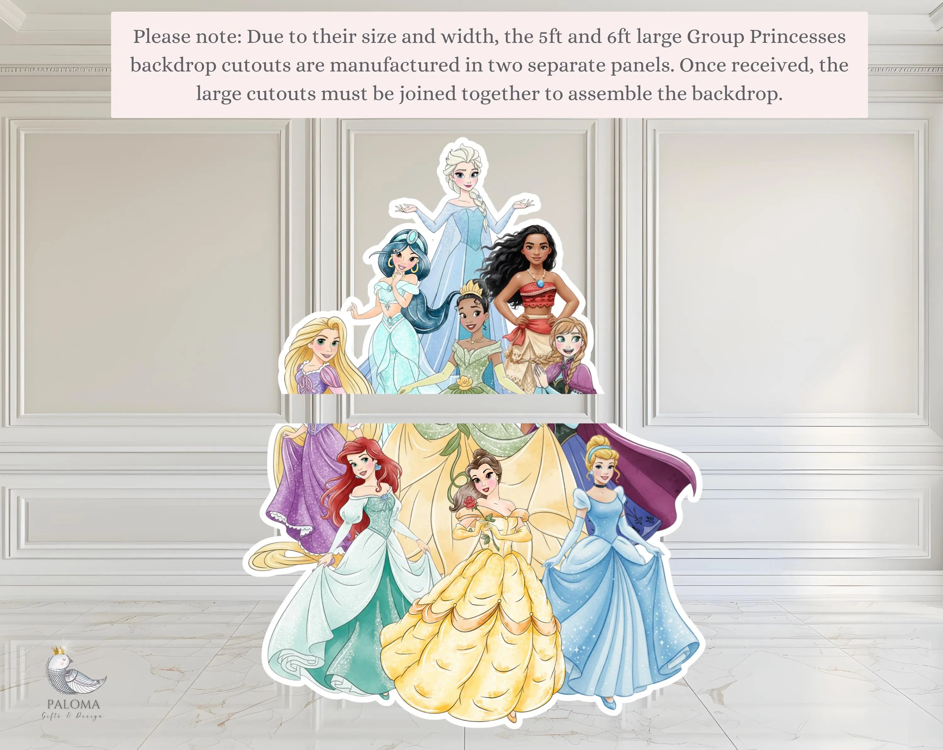 Princess character group standee for girls birthday party decor, photo booth backdrop area and event display.