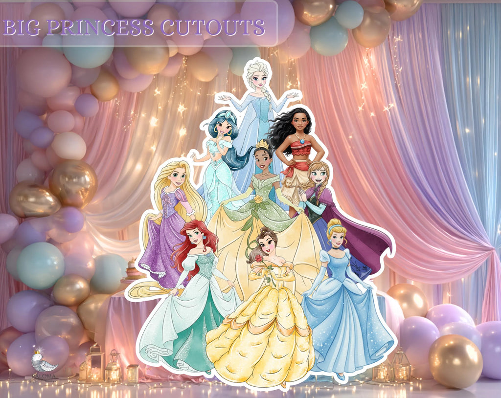 Princess group cutout standee for girls birthday party with colorful fairy tale characters and pastel balloon decor