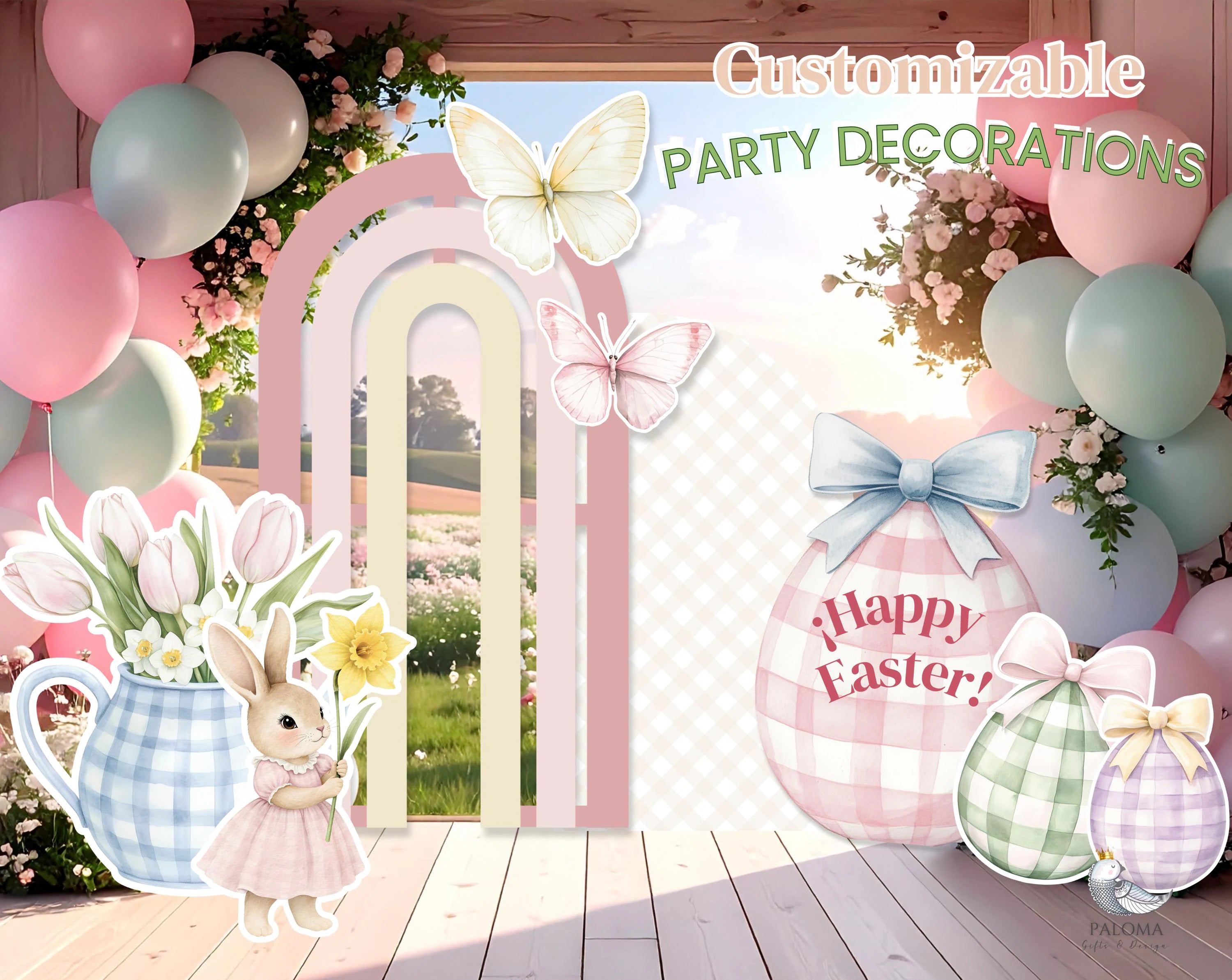 Easter Bunny Birthday Backdrop & Cutouts | Personalized Spring Party Decorations