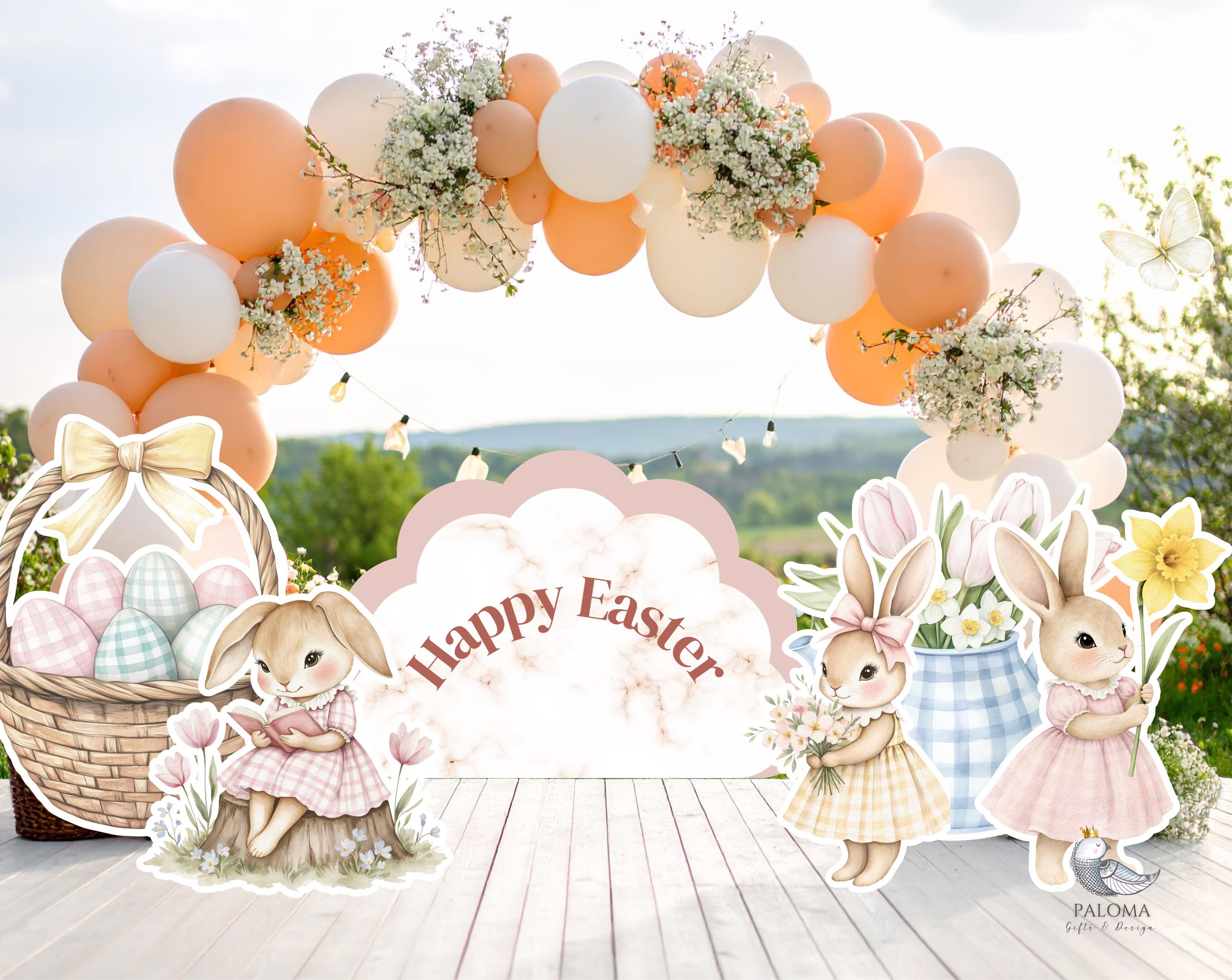 Easter Bunny Birthday Backdrop & Cutouts | Personalized Spring Party Decorations