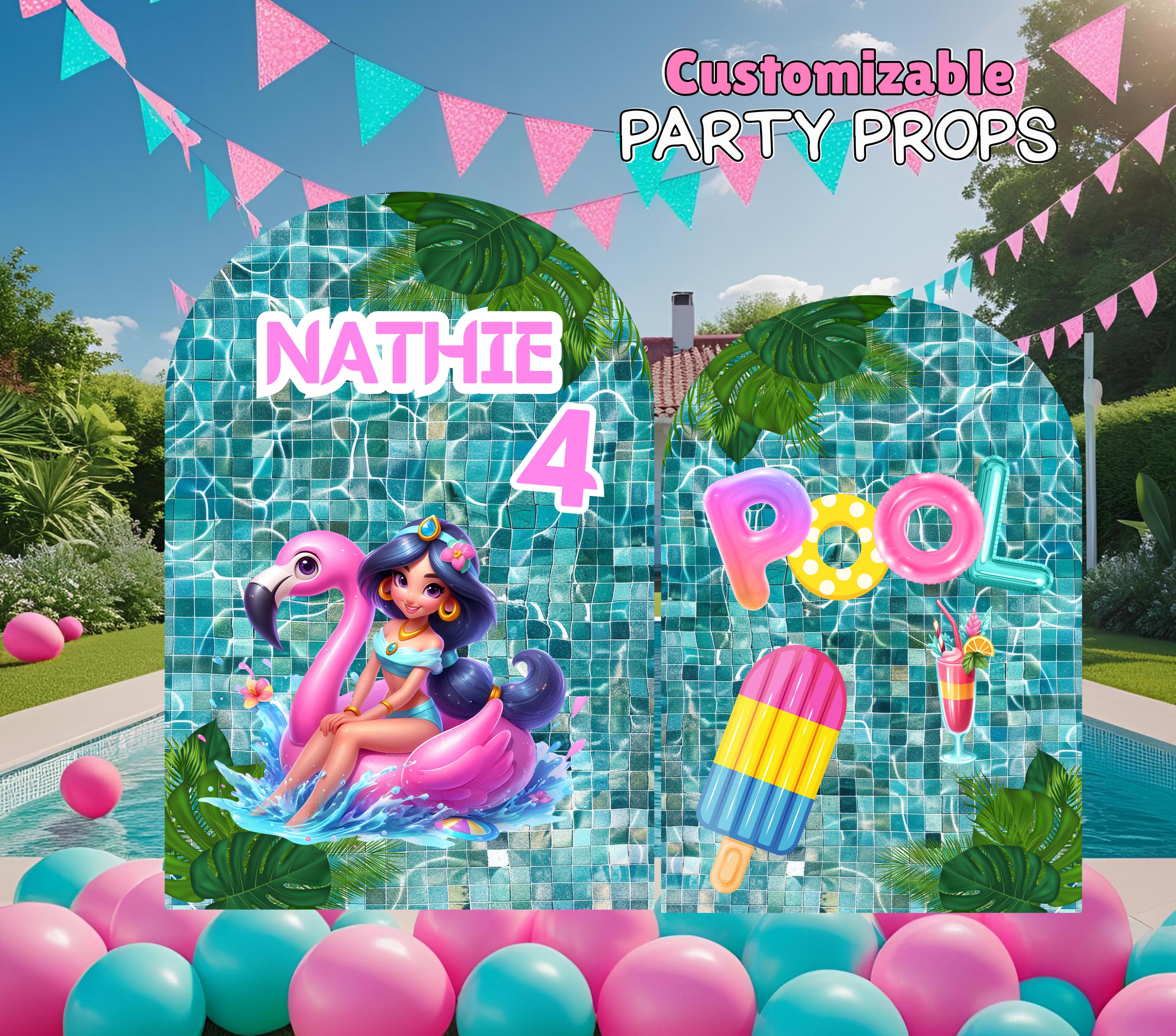 Princess Pool Party Backdrop & Cutouts | Personalized Tropical Summer Birthday Decorations